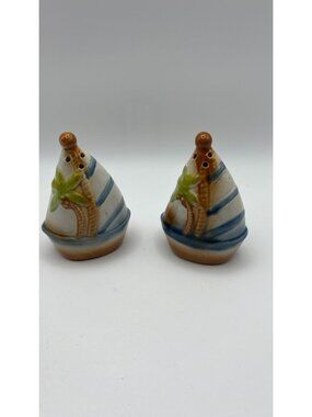 Sailboat Ceramic Salt & Pepper Shaker Set Hand-Painted Nautical Decor Palm Tree